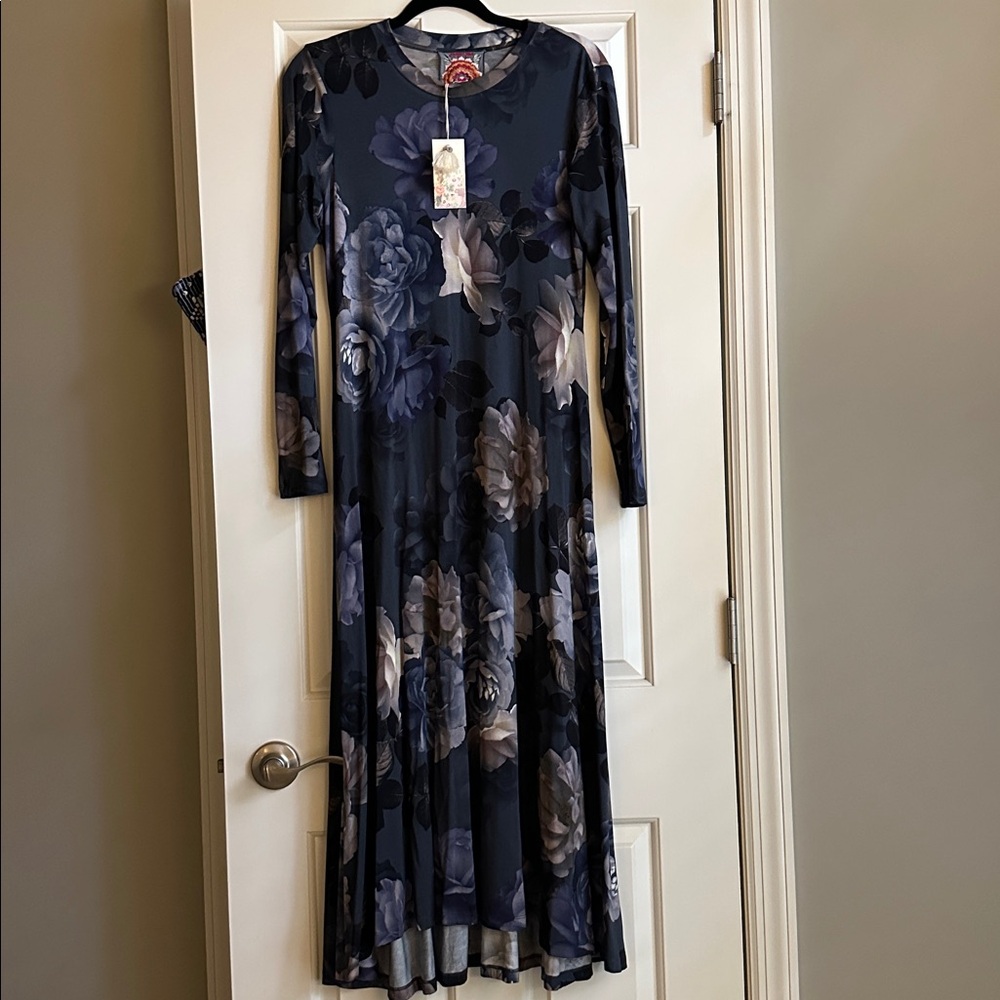 Johnny Was Grey Peony Long Sleeve Tee Dress Blue Gray Floral Print - New
